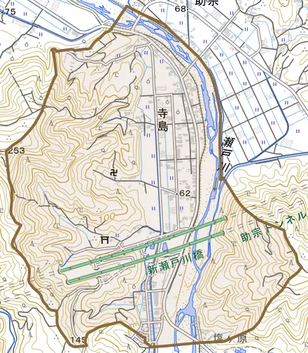 寺島とその周辺の地図。町の範囲を重ねている