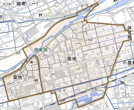 築地とその周辺の地図。町の範囲を重ねている