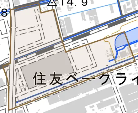 築地上とその周辺の地図。町の範囲を重ねている