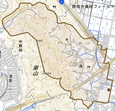 潮とその周辺の地図。町の範囲を重ねている