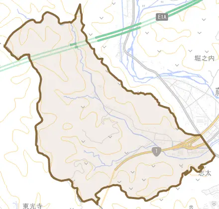 谷稲葉とその周辺の地図。町の範囲を重ねている