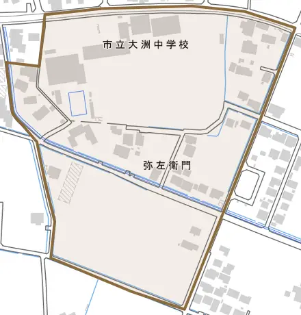 弥左衛門とその周辺の地図。町の範囲を重ねている