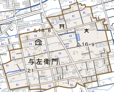 与左衛門とその周辺の地図。町の範囲を重ねている