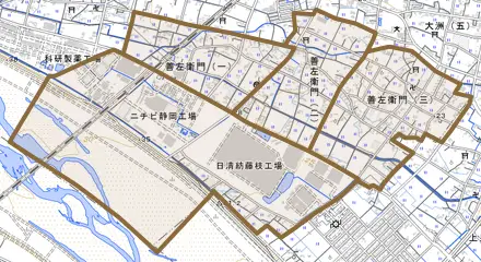 善左衛門とその周辺の地図。町の範囲を重ねている