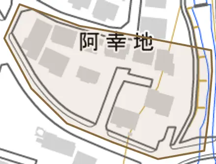 阿幸地とその周辺の地図。町の範囲を重ねている
