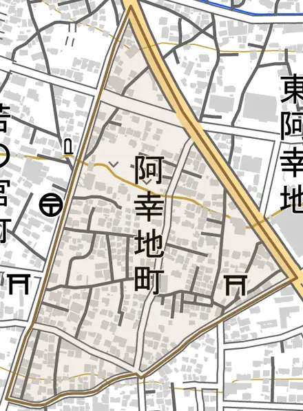 阿幸地町とその周辺の地図。町の範囲を重ねている