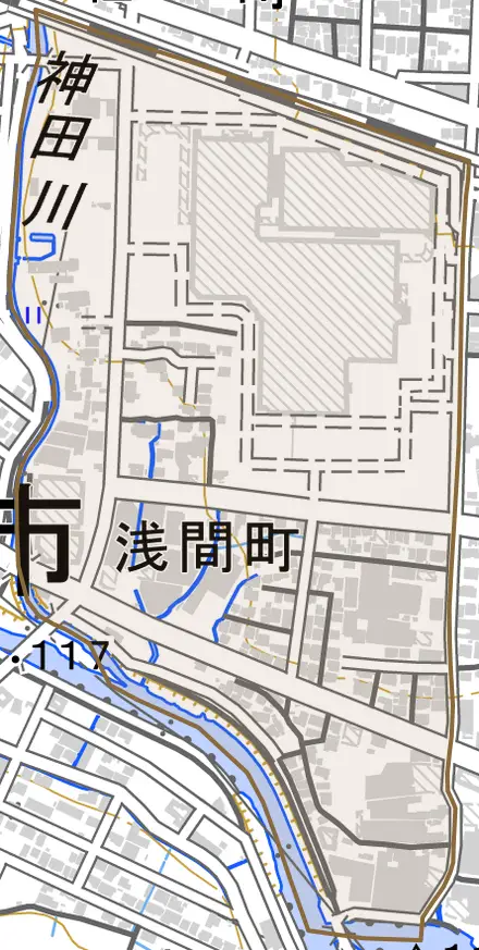 浅間町とその周辺の地図。町の範囲を重ねている