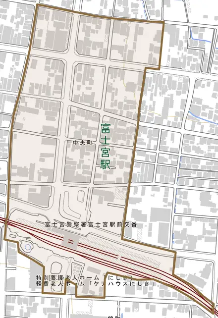 中央町とその周辺の地図。町の範囲を重ねている