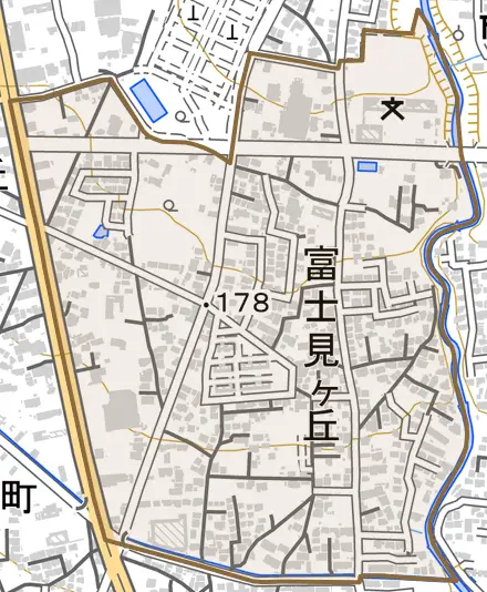 富士見ケ丘とその周辺の地図。町の範囲を重ねている