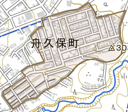 舟久保町とその周辺の地図。町の範囲を重ねている