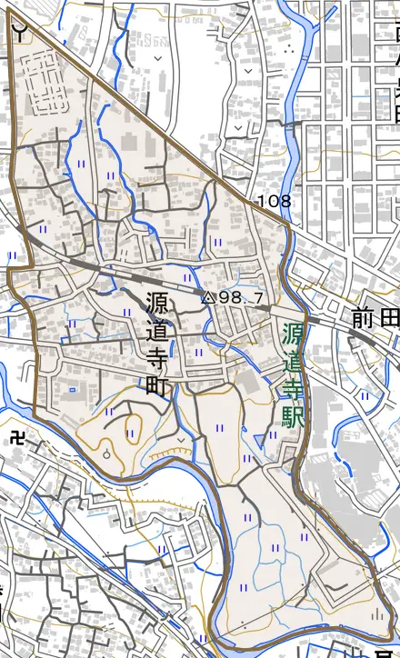 源道寺町とその周辺の地図。町の範囲を重ねている