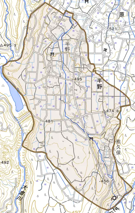 半野とその周辺の地図。町の範囲を重ねている