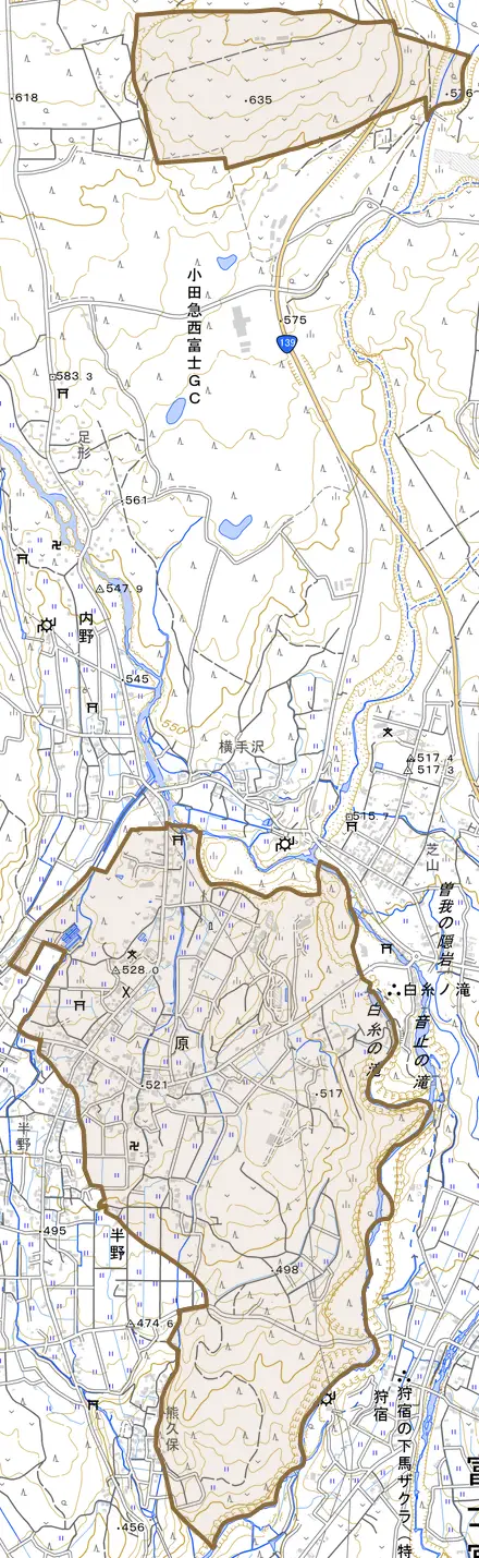 原とその周辺の地図。町の範囲を重ねている