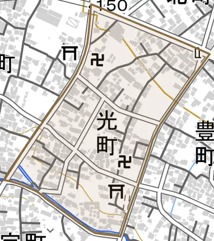 光町とその周辺の地図。町の範囲を重ねている