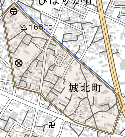 城北町とその周辺の地図。町の範囲を重ねている