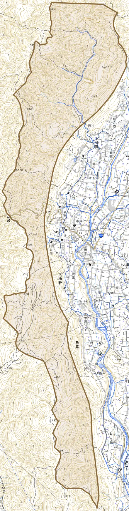 上柚野とその周辺の地図。町の範囲を重ねている