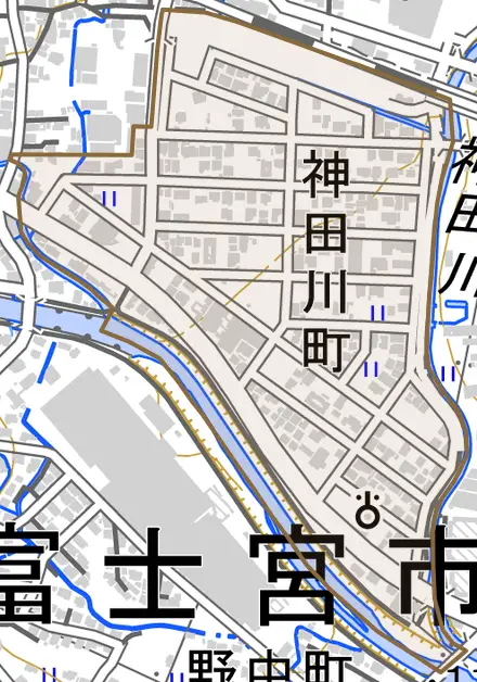 神田川町とその周辺の地図。町の範囲を重ねている