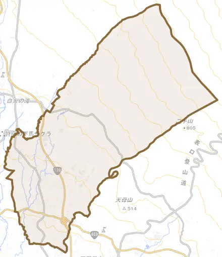 北山とその周辺の地図。町の範囲を重ねている