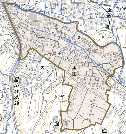 黒田とその周辺の地図。町の範囲を重ねている