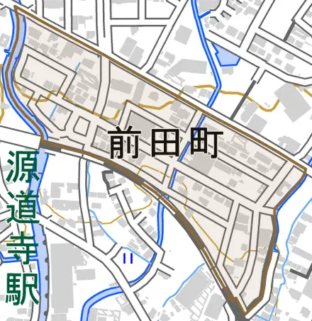 前田町とその周辺の地図。町の範囲を重ねている