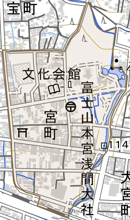 宮町とその周辺の地図。町の範囲を重ねている