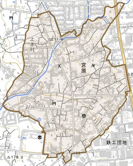 宮原とその周辺の地図。町の範囲を重ねている