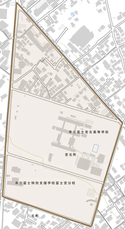 宮北町とその周辺の地図。町の範囲を重ねている