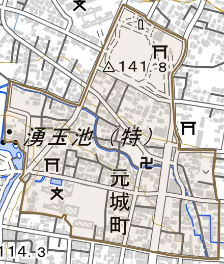 元城町とその周辺の地図。町の範囲を重ねている
