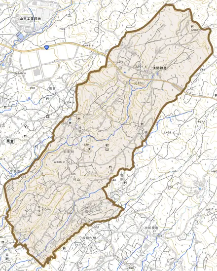 村山とその周辺の地図。町の範囲を重ねている