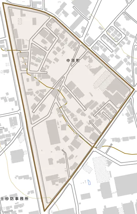 中原町とその周辺の地図。町の範囲を重ねている