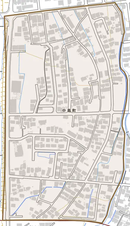 中島町とその周辺の地図。町の範囲を重ねている