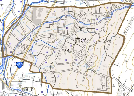 猫沢とその周辺の地図。町の範囲を重ねている