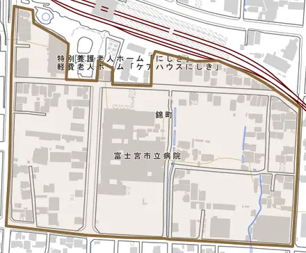 錦町とその周辺の地図。町の範囲を重ねている