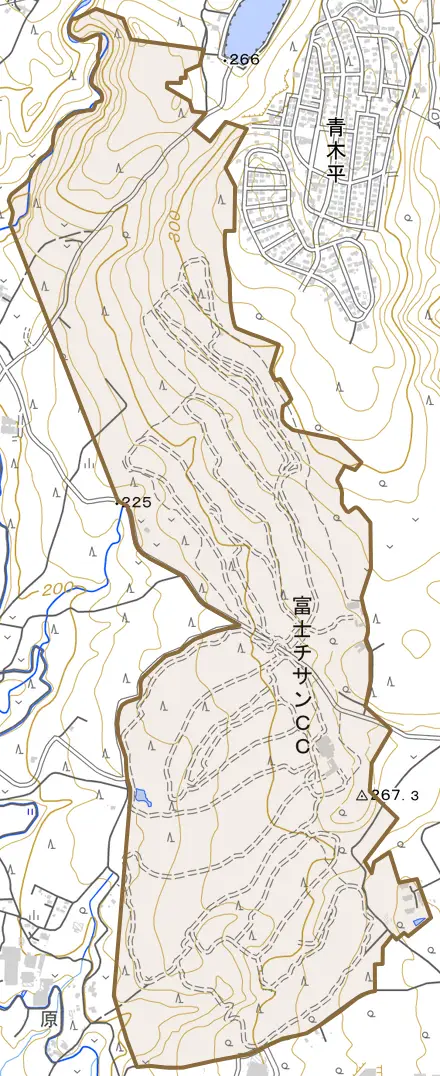西山とその周辺の地図。町の範囲を重ねている