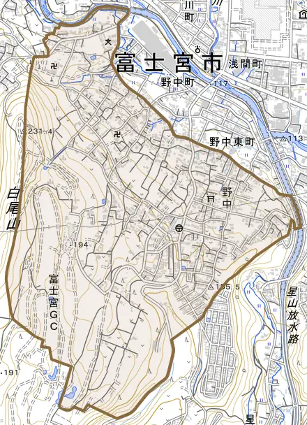 野中とその周辺の地図。町の範囲を重ねている