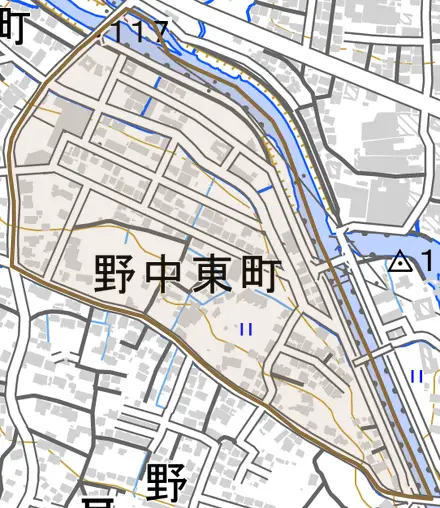 野中東町とその周辺の地図。町の範囲を重ねている