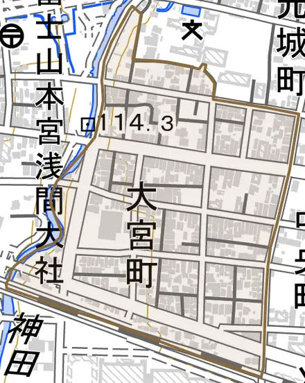 大宮町とその周辺の地図。町の範囲を重ねている