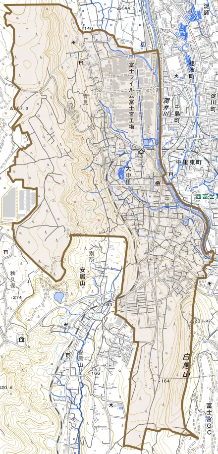 大中里とその周辺の地図。町の範囲を重ねている