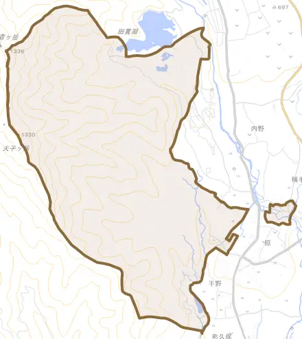 佐折とその周辺の地図。町の範囲を重ねている