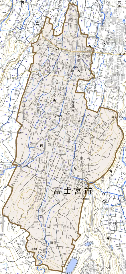 下条とその周辺の地図。町の範囲を重ねている