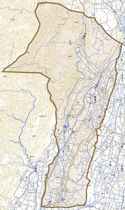 精進川とその周辺の地図。町の範囲を重ねている