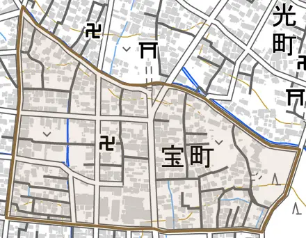宝町とその周辺の地図。町の範囲を重ねている