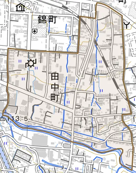 田中町とその周辺の地図。町の範囲を重ねている