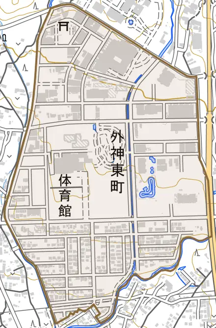外神東町とその周辺の地図。町の範囲を重ねている