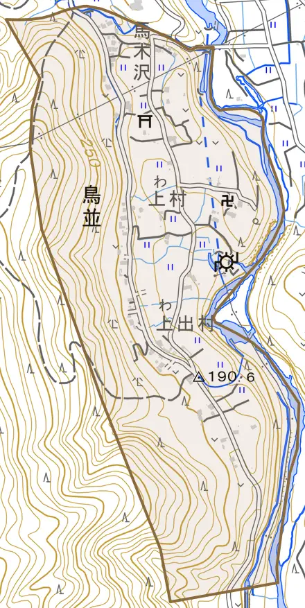 鳥並とその周辺の地図。町の範囲を重ねている