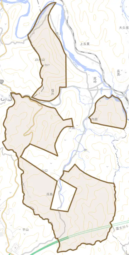 内房とその周辺の地図。町の範囲を重ねている