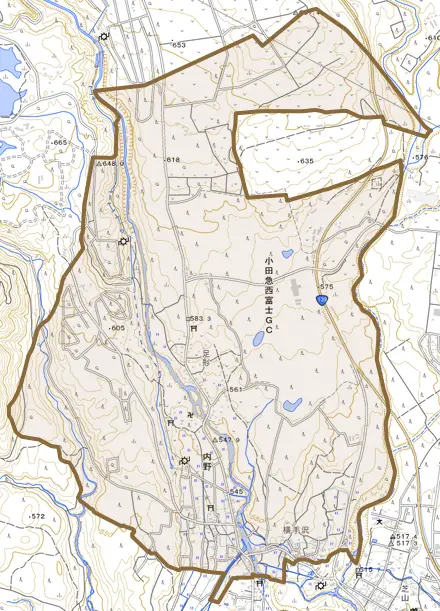 内野とその周辺の地図。町の範囲を重ねている