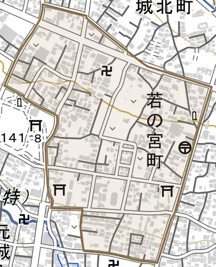 若の宮町とその周辺の地図。町の範囲を重ねている