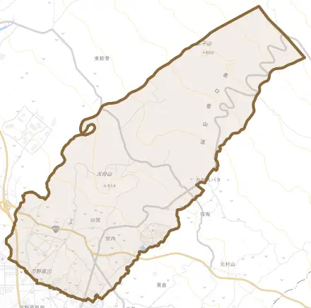 山宮とその周辺の地図。町の範囲を重ねている