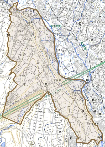 山本とその周辺の地図。町の範囲を重ねている